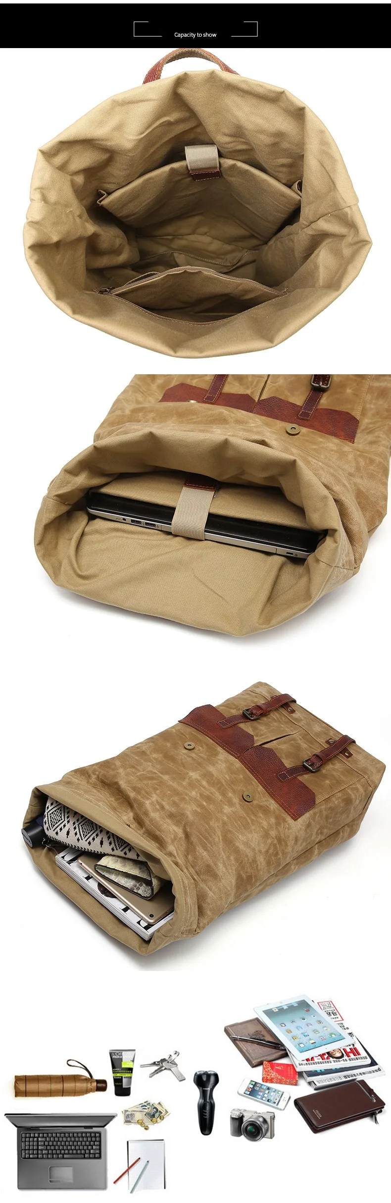 OPEN-UP DISPLAY of Woosir Retro Waxed Canvas Laptop Backpack Roll Top Waterproof Rucksack