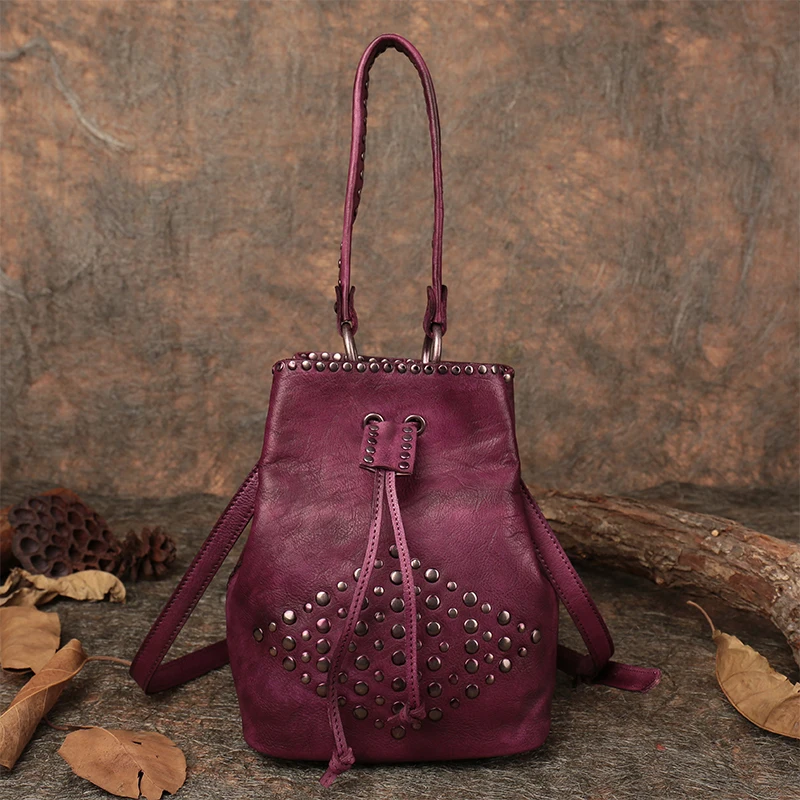 

Bucket Style Leather Bags Women's Handbag Vintage Shoulder Bag Handmade Genuine Leather Rivet Messenger Hand Bags