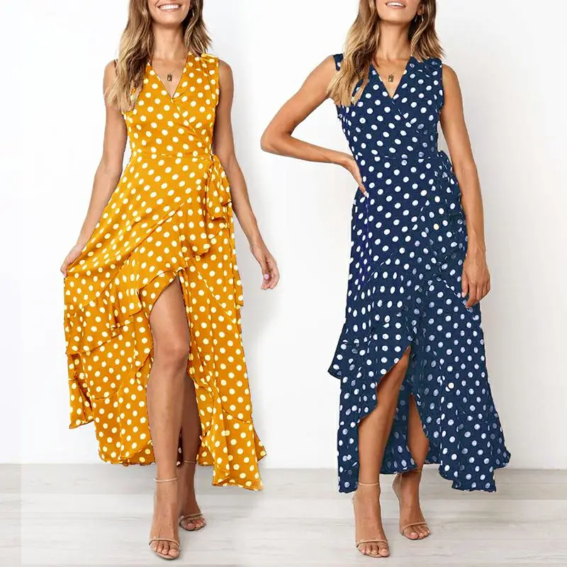 

Laamei Polka Dot Dress Women 2019 New Summer Sexy Sleeveless Ruffle Long Dress V Neck Boho Beach Party Dress Maxi Vestidos