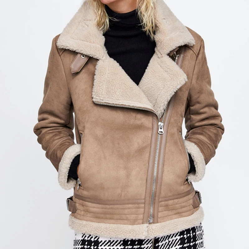

Winter Women's Motorcycle Faux Lambs Wool Coat Female Pilot Thick Warm Shearling Coats Faux Suede Leather Jackets Biker Jacket