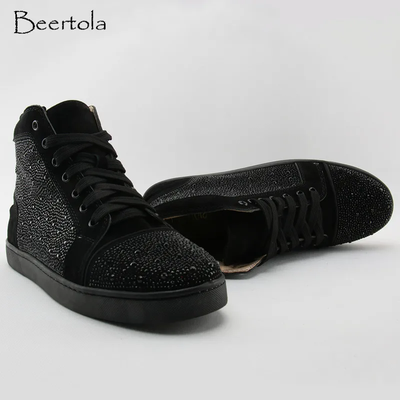 

Beertola Fashion Men's Sneakers Studded Crystal High Top Thick Bottom Zapatos Hombre Bling Bling Lace Up Men's Flats Espadrilles