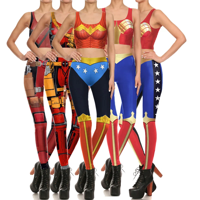 New Women's Vest and Leggings Super Heros Wonder Woman Deadpool Cosplay Costumes Summer Sexy