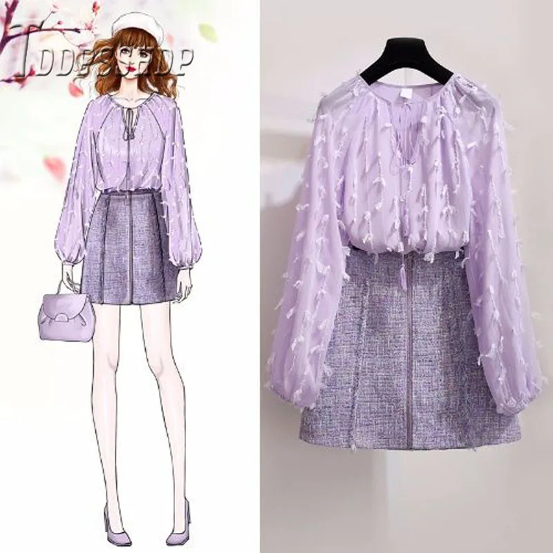 

2019 Spring New Sweet Women Set Purple Color Blouse and Skirt Female Sets
