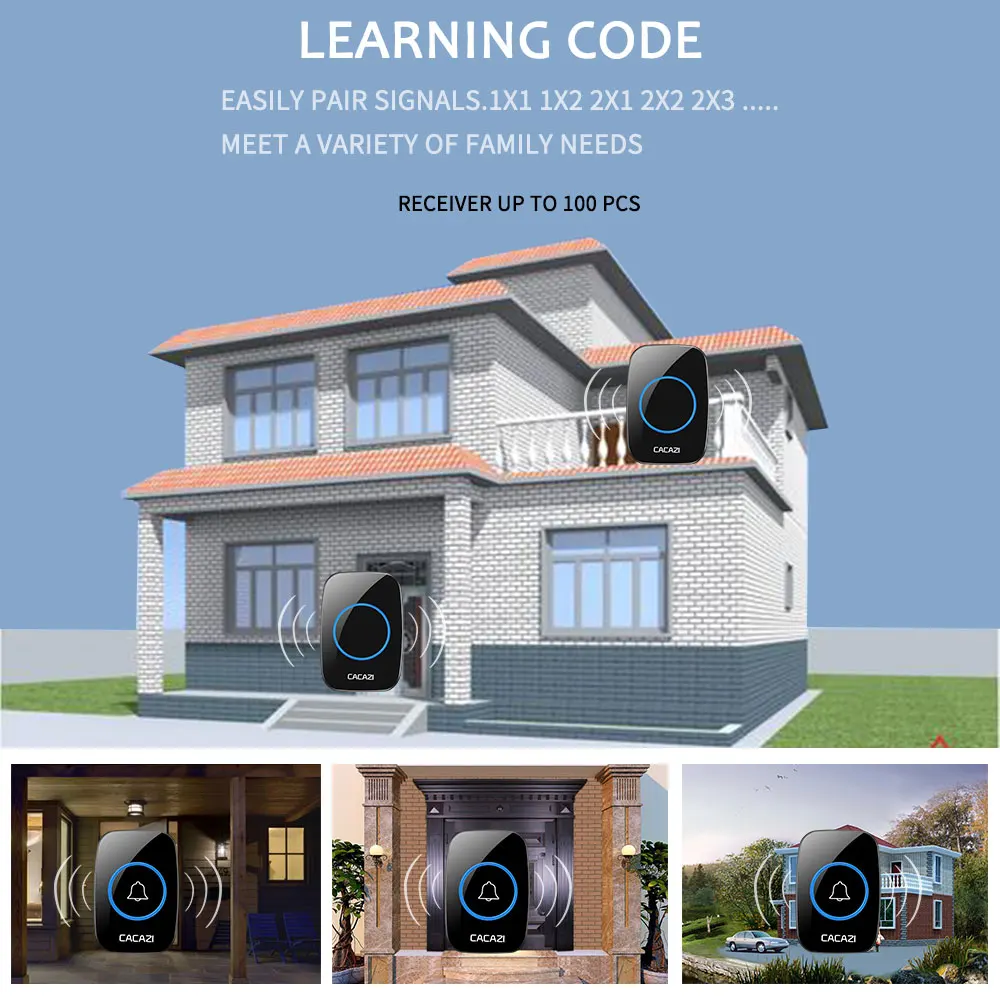 Водонепроницаемый беспроводной дверной звонок CACAZI 300 м, пульт дистанционного управления 1, 2 батареи, кнопка 1, 2, 3 приемника, США, ЕС, Великобритании, Австралии, штепсельная вилка, домашнее дверное кольцо, колокольчик