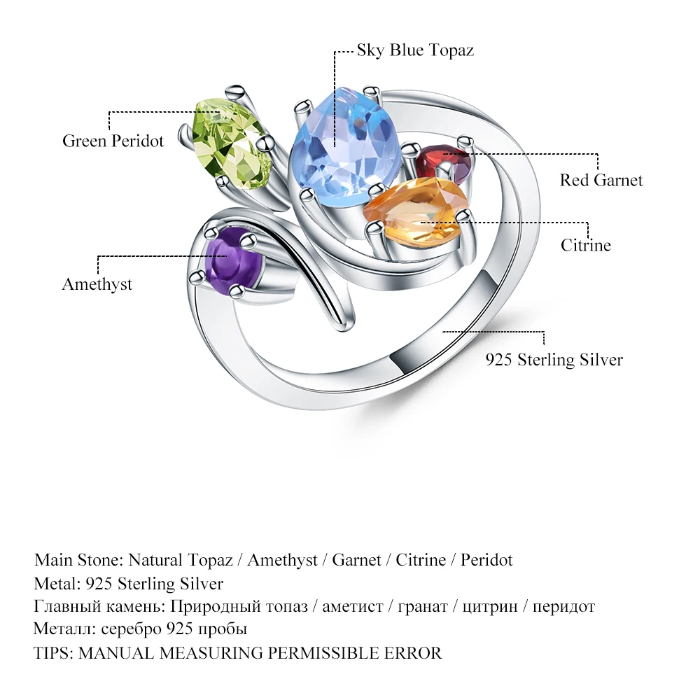 Gem's Ballet Flower Многоцветный натуральный аметист, гранат, перидот, цитрин, топаз, коктейльное кольцо, 925 пробы, серебряное кольцо для женщин
