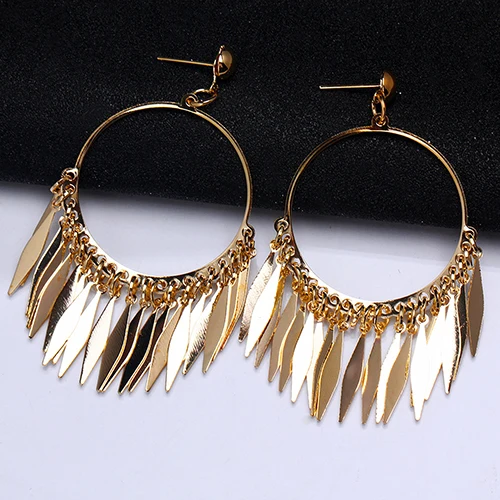 Женские богемные серьги с кисточками большие висячие золотым покрытием