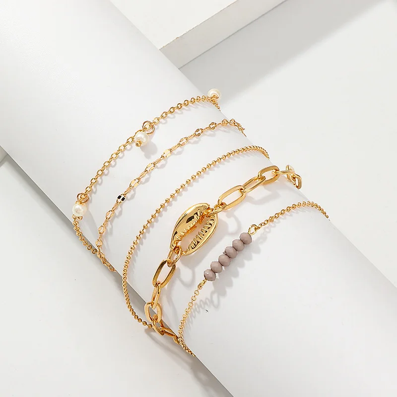 

8Seasons Fashion Bohemian Bracelets Set Gold Color Link Chain Shell Connector Beads Romantic Jewelry Charms For Women Gift,1Set