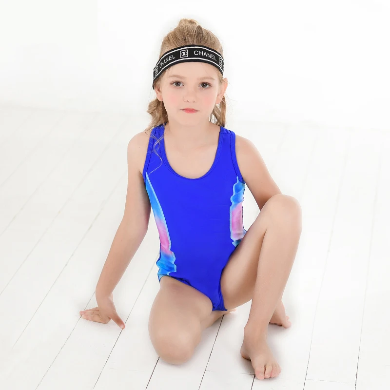 Детский купальник для девочек, сдельный синий спортивный Детский купальник в стиле пэчворк, профессиональный купальник для подростков