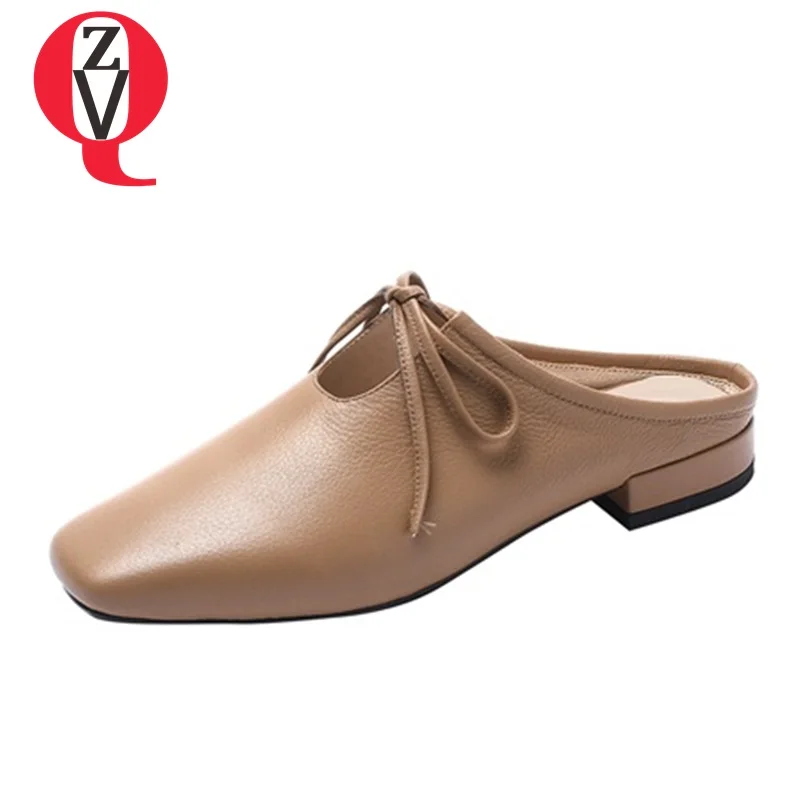 

ZVQ Superior quality concise genuine leather square toe flats 2019 spring summer open heel casual flat shoes plus size 33-40