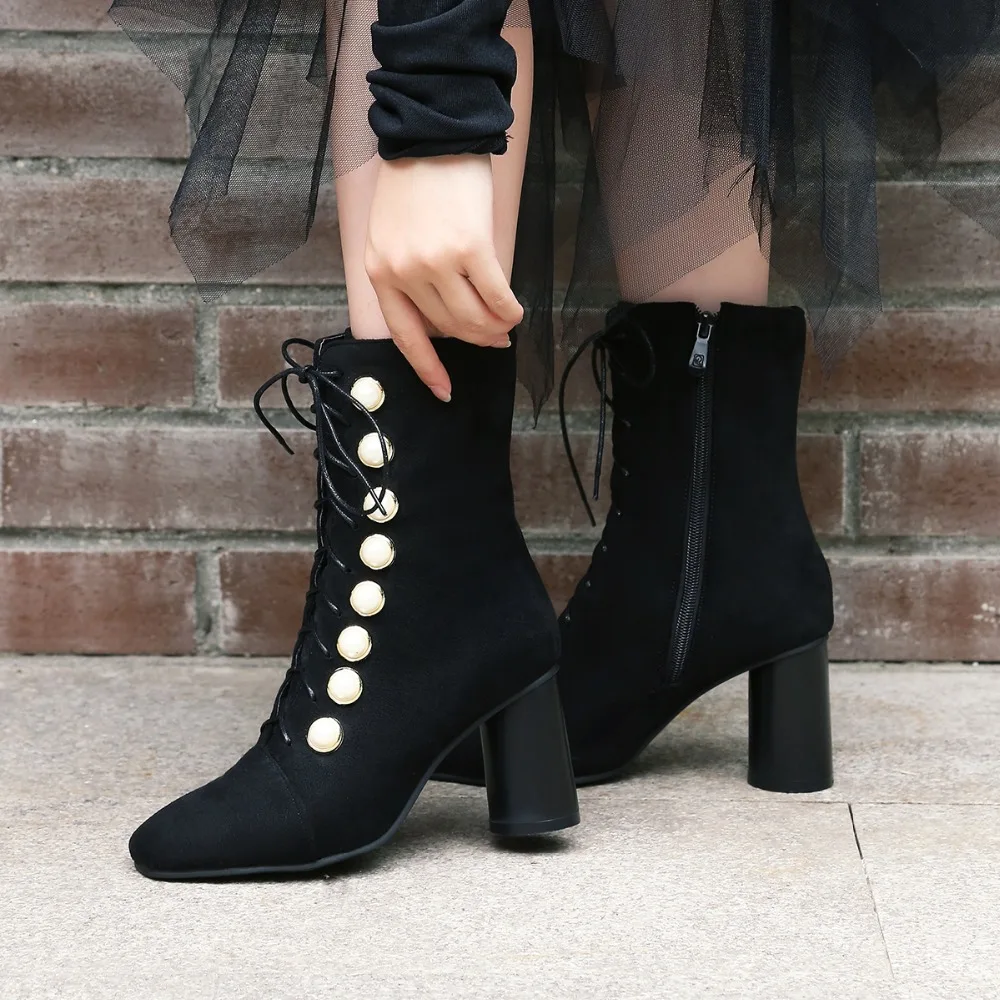 

ZETMTCNew Fashion Women boots high heels Women Autumn winter Lace Bead decoration sexy boots Motorcycle boots Plus size 32-43
