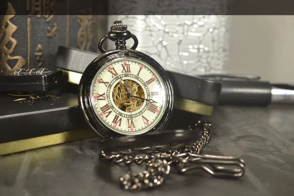 TIEDAN стимпанк Роскошные Античный Черный Скелет Механические карманные часы Для мужчин цепи Цепочки и ожерелья Бизнес автоматический