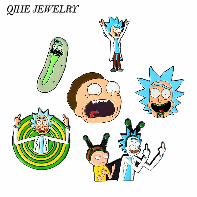 

QIHE JEWELRY Grandpa Scientist Grandson Pins Enamel Pin middle finger brooches TV Series Badges Enamel pins Accessories