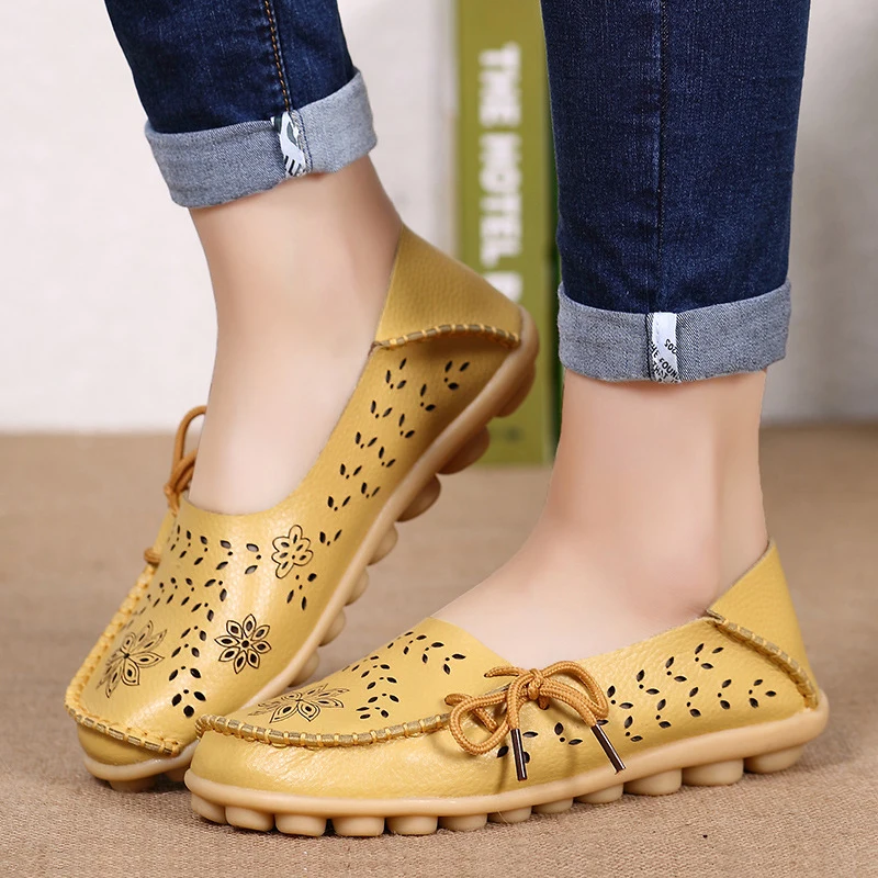 Big size 34-44 spring women flats shoes women genuine leather flats ladies shoes female cutout slip on ballet flat loafers - Цвет: Yellow