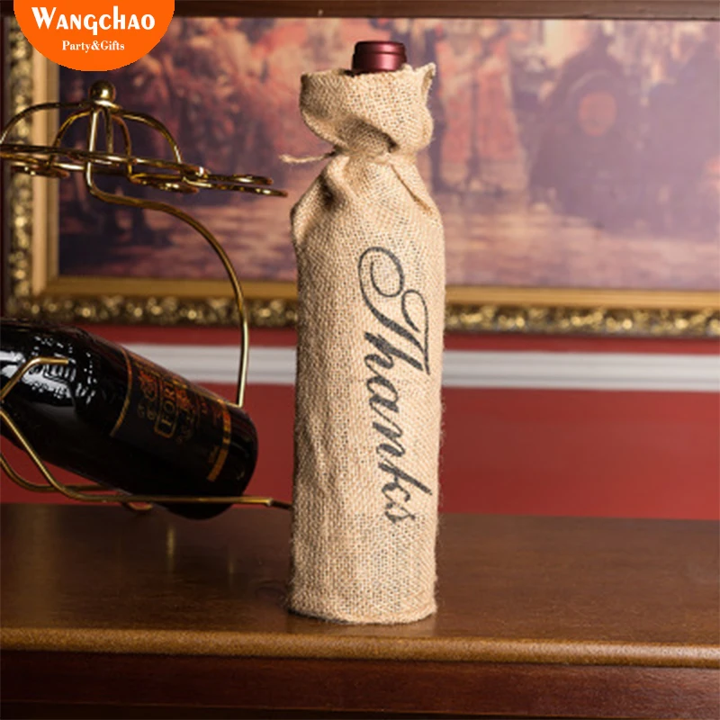 

Merci Thanks Jute Wine Bottle Bag Party Table Decoration Rustic Wedding decora DIY Home Accessories Vintage Easter 2 designs