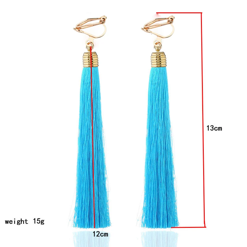 Ear Clip Earrings Tassel Fiber Clip on 12cm&5.1'' Long No Pierced for Women Party Fashion Bohemia Bridal Wedding Anti-allergy