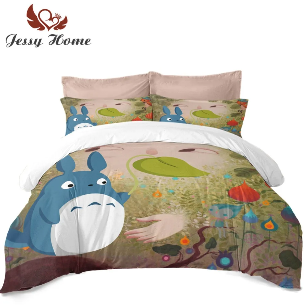 

4pcs Bedding Set Duvet Cover Cartoon Totoro Pattern Bed Linens with Two Pillowcases Tree Flat Sheet Customize