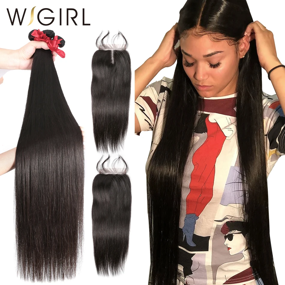 

9A Long 28 30 32 40 Inch 3 4 Brazilian Hair Weave Bundles With 4X4 Lace Closure Raw Virgin Straight Human Hair Extension Weaves