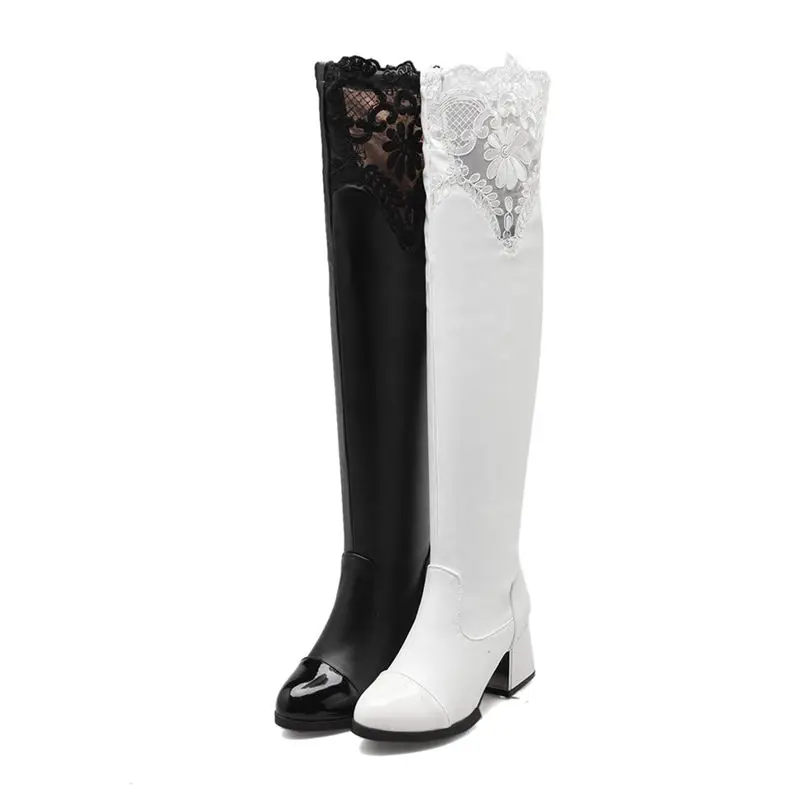 2018 blanc Noir Le Rond Genou Épais Femmes Chaussures Haute Bottes Hiver Mode Automne Sur Moto Asumer Bout Nouvelle Talons UqdUF