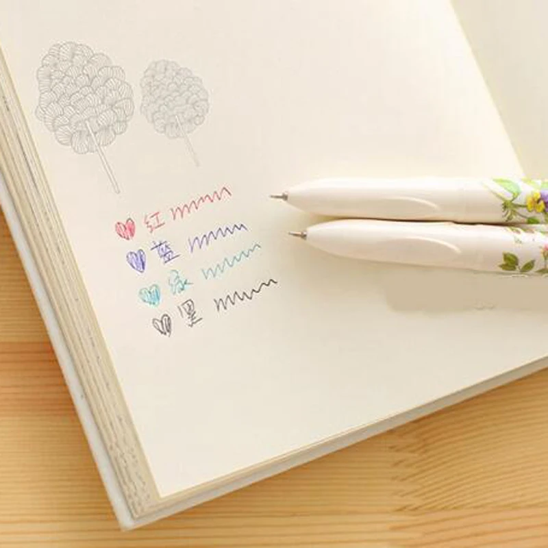 4 In 1 Colored Ballpoint Pen Floral Pens Kawaii Stationery Writing Pens 0.5mm Office School Supplies Ink Black Green Blue Red