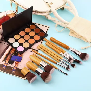

15 Color Contour Face Cream Makeup Cosmetic Concealer Palette Make Up + 11pcs Pro Maquiagem Bamboo Powder Foundation Brushes Set