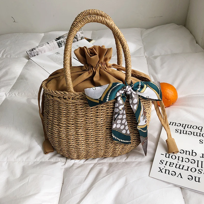 

High quality straw tote bags for girls summer handmade scarves hand bags for beatch string handbags for female