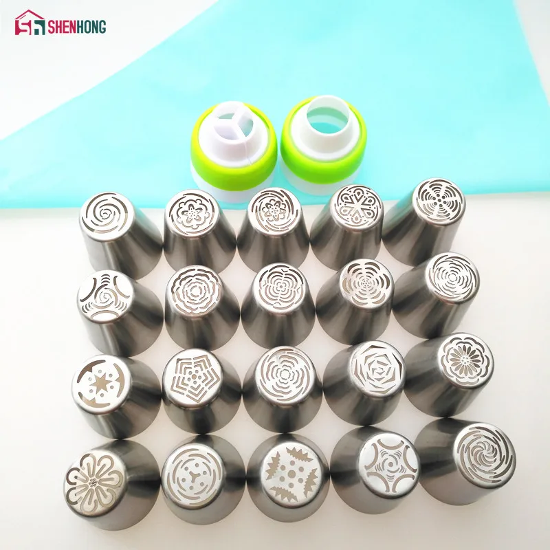 

New Arrival 20PCS Russian Piping Tips + 2 Adaptor + 1 Pastry Bag Converter Stainless Steel Icing Cake Decorating Nozzles