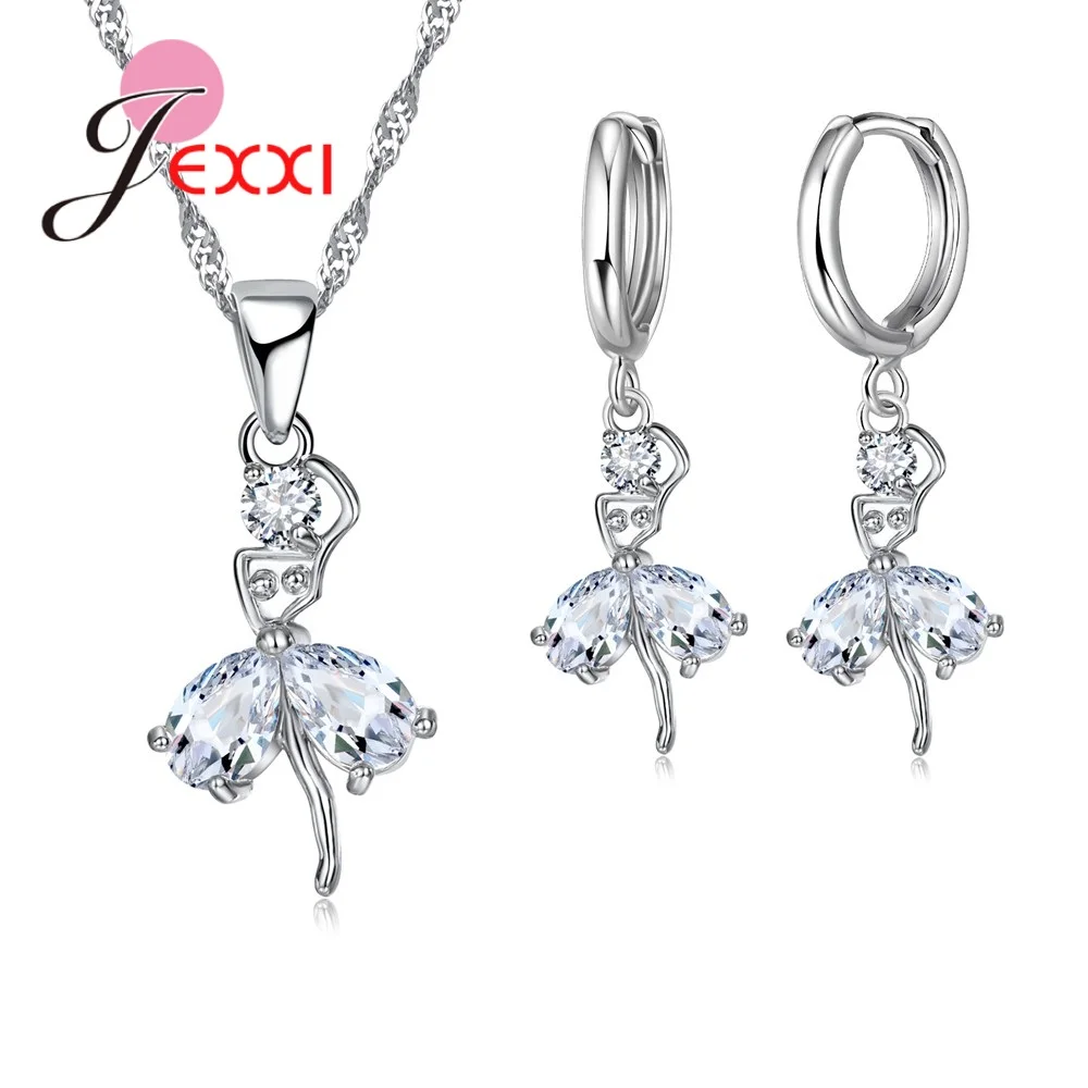 

JEXXI Elegant Ballet Dacing Girls Silver 925 Jewelry Sets High Quality CZ Crystal Pendant Necklace Earrings Women Wedding Bijoux