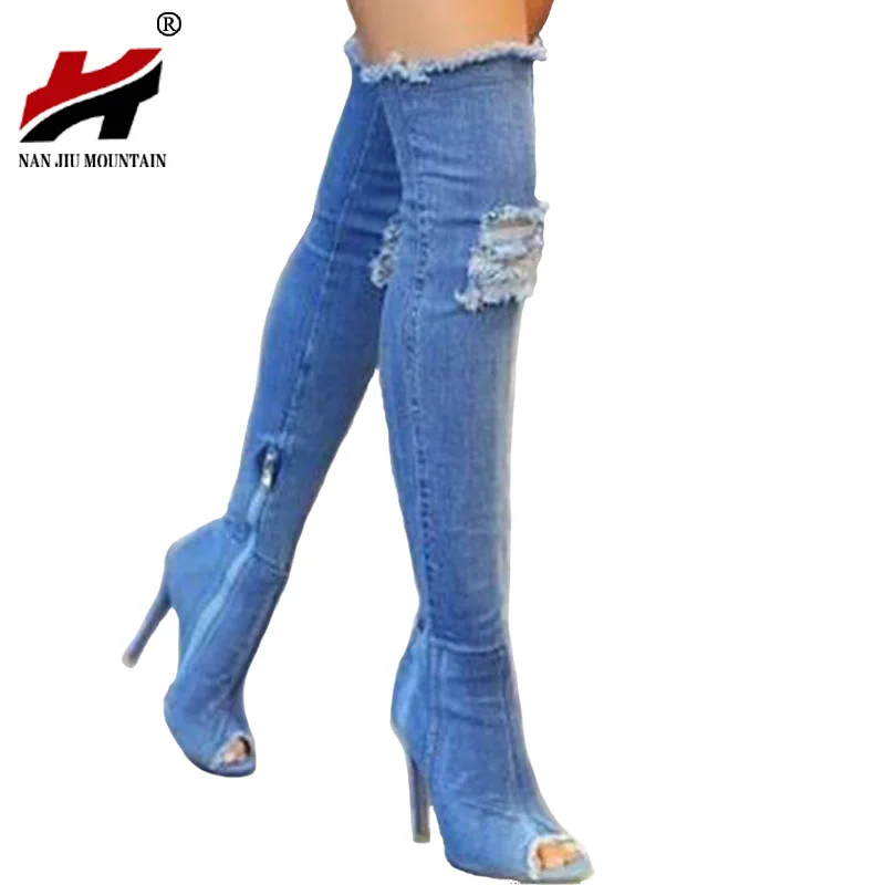 2017 Hot Women Boots summer autumn peep toe Over The Knee Boots quality High elastic jeans fashion boots high heels plus size