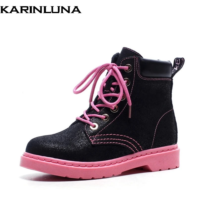 

KARINLUNA Winter Sweet Cow Leather Lace-Up Ankle Boots Platform Sewing Short Plush Low Square Heel Women Shoes Large Size 35-43