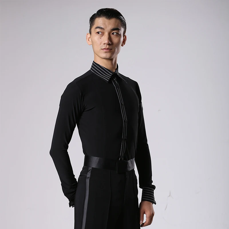 

Latin Dance Top Black Striped Shirt Men Performing Clothes Male Ballroom Rumba Samba Cha Competition Performance Wear DNV11345