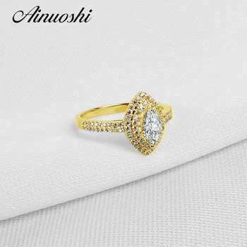 

AINUOSHI Double Halo Ring 14K Solid Yellow Gold Trendy Marquise Cut Simulated Diamond Wedding Engagement Promise Ring for Women