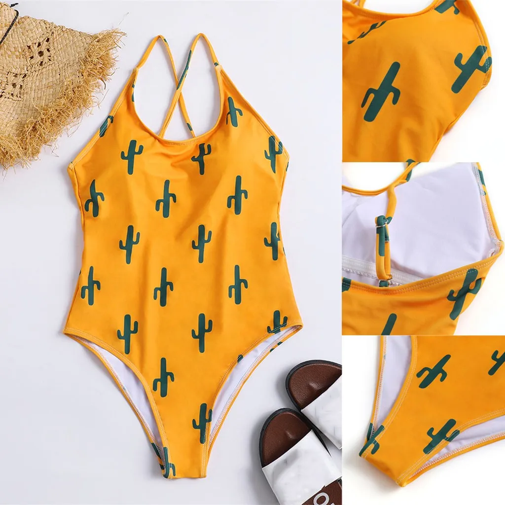 

Sexy One-Piece Swimsuit Monokini Padded Bra Beach Cactus Print Strappy Bikini Swimwear Bathing Suit Women Bikinis 2019 mujer