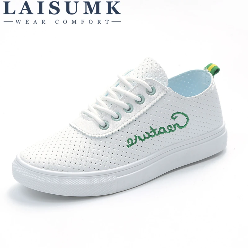 

2019 LAISUMK New Fashion Leather Women Shoe Breathable Casual Shoes Woman Flat Shoes Zapatos Mujer 3 Colors Walking Sneakers