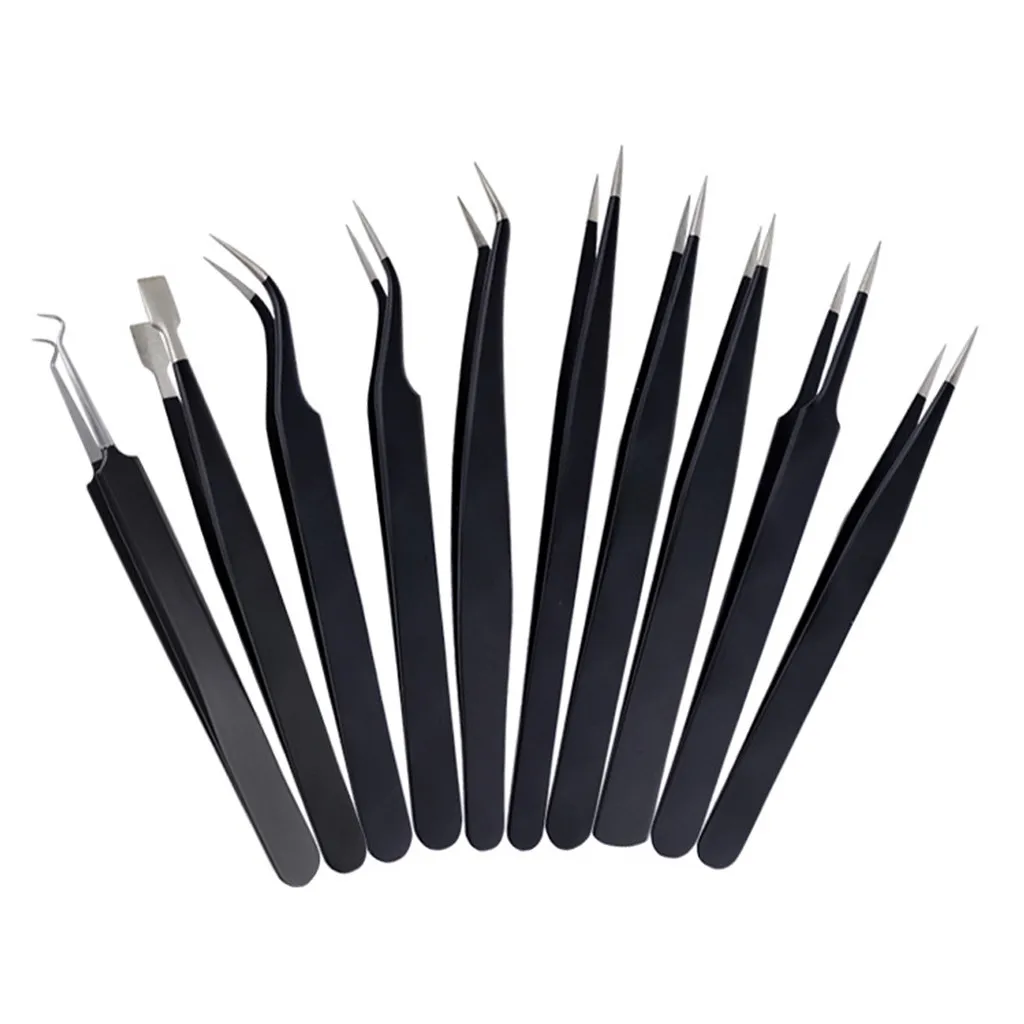 

10pcs Tweezers Set Precision Anti-Static Stainless Steel Tweezers Non-magnetic Black Eyebrow Tweezer Eyelashes Extension
