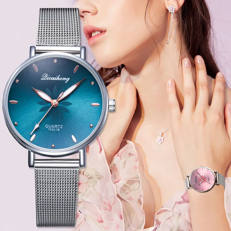 

2019 Luxury Women Quartz Watches Fashion Trend New Flower Printed Ladies Metal Mesh Bracelet Romantic Relogio Feminino Pink Gift