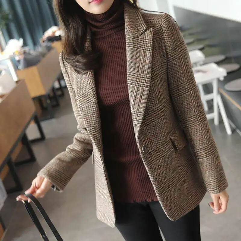 Women Autumn Winter Plaid Woolen Blazer Jacket Female Office Coat