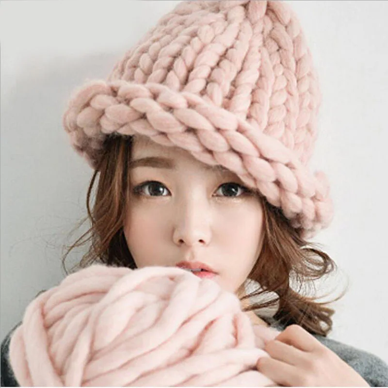 

2018 Solid Adult Casual Cotton Acrylic Rushed New Fashion Female Winter Hats Hand Coarse Knitted Hat For Women Beanies
