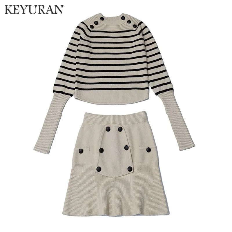 

2019 New Autumn winter Women Thick striped pullover Sweater +A-Line Skirt Knit 2 Piece Set Ladies Autumn Casual Knitted Suit