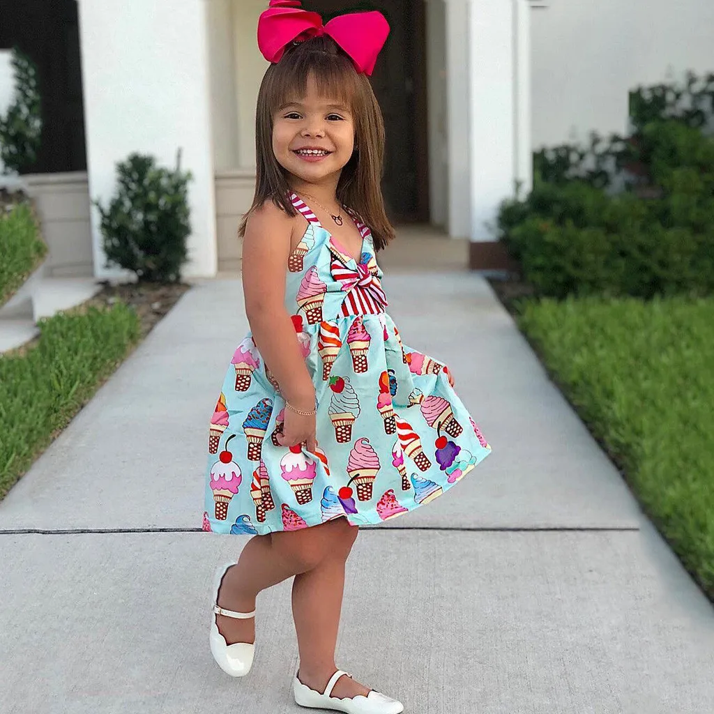 Chirdren/Детские платья принцессы с бантом и мороженым для девочек; костюм; одежда; Новинка года; Прямая