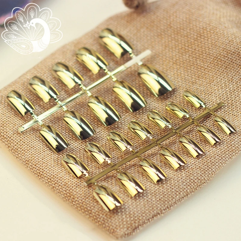 Модные металлические зеркальные плоские накладные ногти, золотые Искусственные женские ногти, длинные ногти, полные кончики для ногтей, простой стиль N01