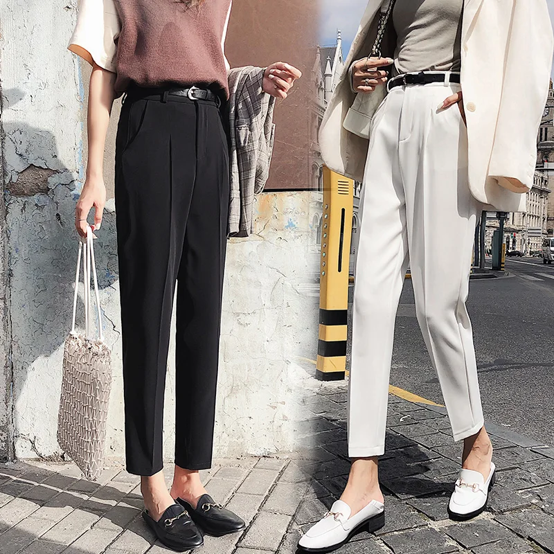 

2019 autumn ankle-length female trousers casual pencil pants office lady elegant harem pants pockets white/black/blue