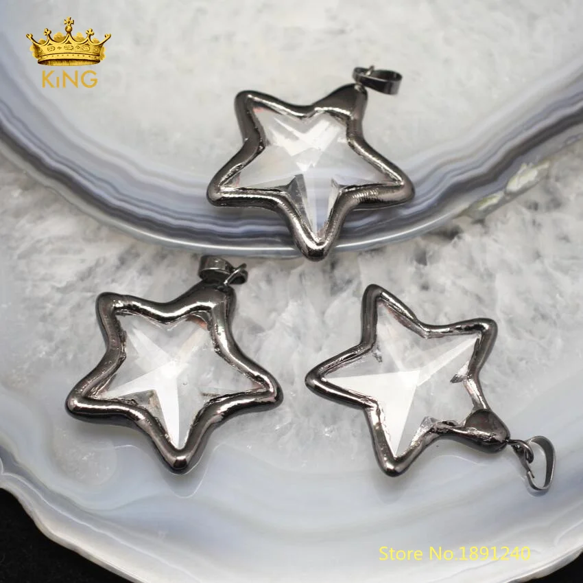 

10PCS 35mm Star Shaped Bezel Glass Pendants Crafts Earrings,Faceted Clear Glass Plating Gunmetal Edged Charms Necklace Bulk YT30