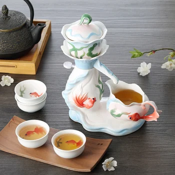 

Porcelain Enamel Goldfish sets Creative Kung Fu tea set with 4 cup and tea tray home Suite