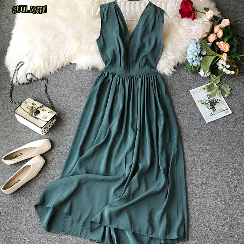 

summer long dress women V-neck solid Backless Pleated office dress casual sexy Beach dresses vestidos Fiesta Popular Streetwear