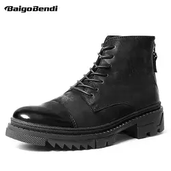 Для мужчин толстый каблук сапоги солдат на шнуровке Ботильоны из натуральной кожи работы и зимняя защитная обувь чистый черный