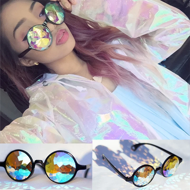 

Drop Shipping Holographic sunglass Retro Round Uniron Sunglasses Women Designer Eyewear Kaleidoscope lens Glasses oculos de sol