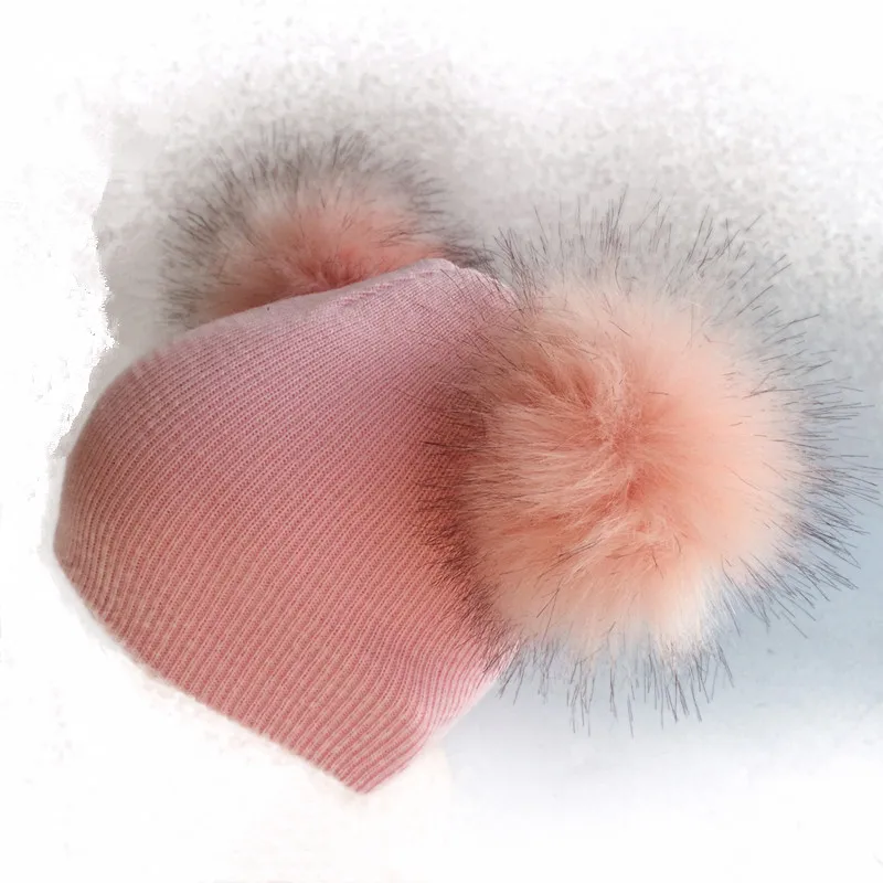 Шапка-ушанка, Детская Зимняя шерстяная шапка с искусственным мехом для новорожденных детей, шапочка с двумя помпонами для мальчиков и девочек 0-40 лет - Цвет: Розовый