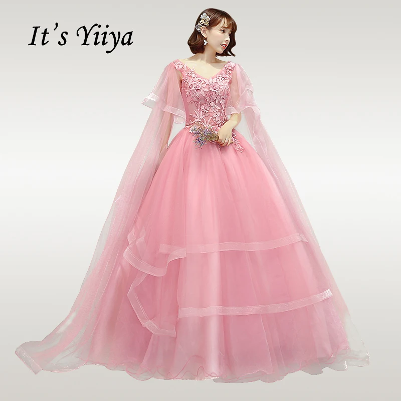 

It's YiiYa Wedding Dress Elegant V-neck Flowers Wedding Dress Flare Sleeve Floor Length Vestido de novia Free Shipping CH009