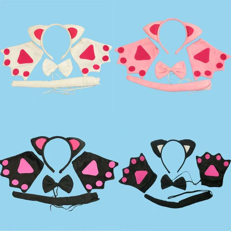 

Kids Boy Girl Cat Animal Ears Headband Tail Tie Claws Gloves Props Animal Cosplay Costume Halloween Party Favor