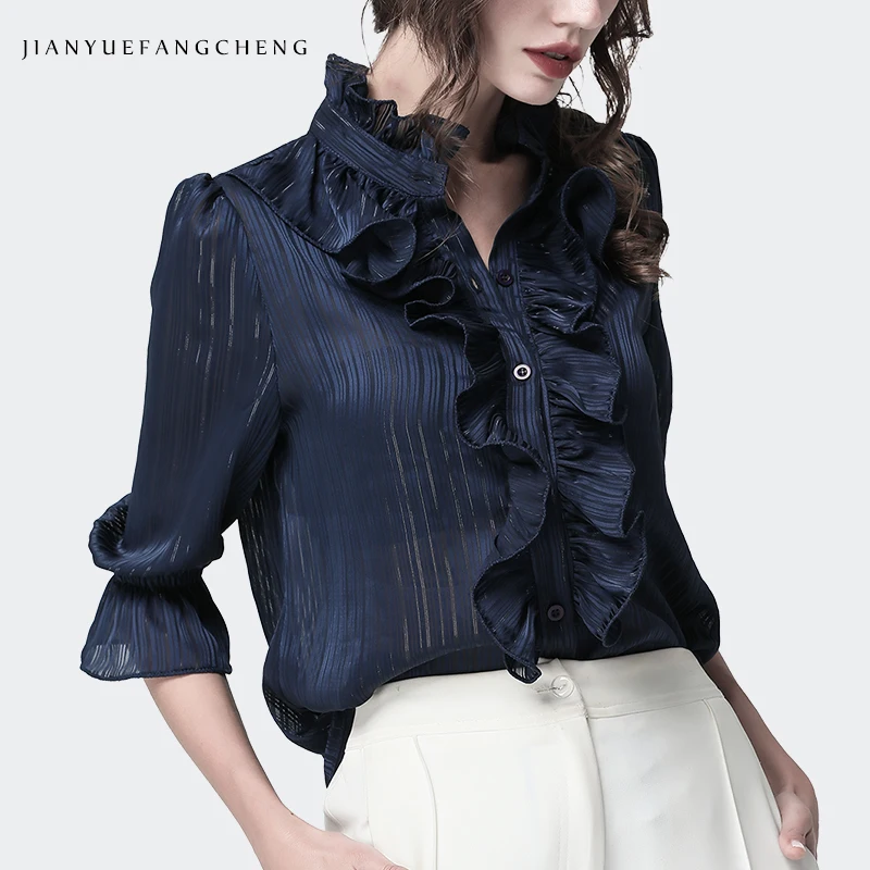 Women Satin Shirt Ruffled Stand Collar Flared